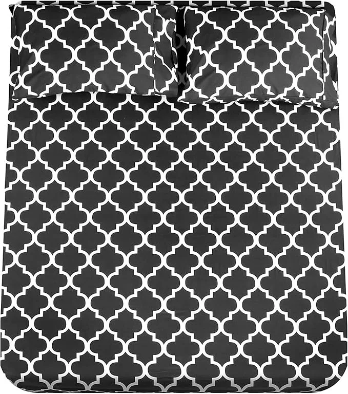 Flexible Mejoroom Queen Bed Sheet Set - Super Soft Brushed Microfiber 1800 Thread Count Queen Sheets with 16 inch Deep Pocket - Wrinkle - 4 Piece Queen Black Quatrefoil with White Pattern Recyclable