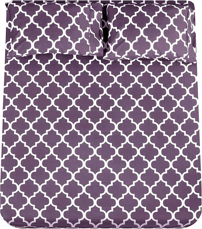 Reliable Mejoroom King Bed Sheet Set - Super Soft Brushed Microfiber 1800 Thread Count Sheets with 15 inch Deep Pocket - Wrinkle - 4 Piece King Purple Quatrefoil with White Pattern User-Friendly