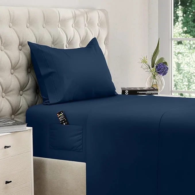 Functional DREAMCARE Twin XL Sheet Sets – 3pcs Cooling Sheets – up to 15 Deep Pocket Twin XL Sheets Set – Hotel Luxury Sheets amp Pillowcases – Superior Softness Fine Microfiber with Side Pocket – Navy Blue Original