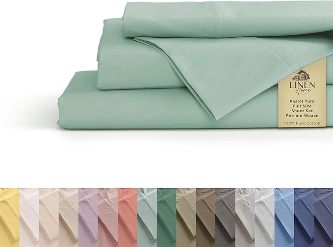 Dependable Linen Home Cotton Percale Sheets Full Size Pastel Turk Deep Pocket 4 Pieces Set - 1 Flat 1 Deep Pocket Fitted Sheet and 2 Pillowcases Crisp Cool and Strong Bed Linen Enhanced