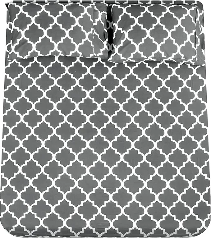 Classic Mejoroom King Bed Sheet Set - Super Soft Brushed Microfiber 1800 Thread Count Sheets with 15 inch Deep Pocket - Wrinkle - 4 Piece King Grey Quatrefoil with White Pattern Consistent