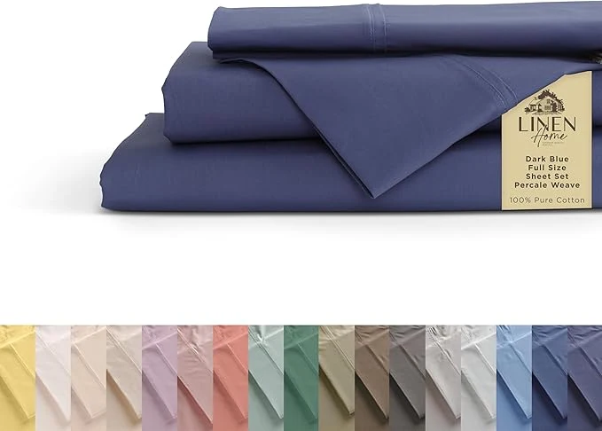 Outstanding Linen Home Cotton Percale Sheets Full Size Dark Blue Deep Pocket 4 Pieces Set - 1 Flat 1 Deep Pocket Fitted Sheet and 2 Pillowcases Crisp Cool and Strong Bed Linen Easy-to-Use