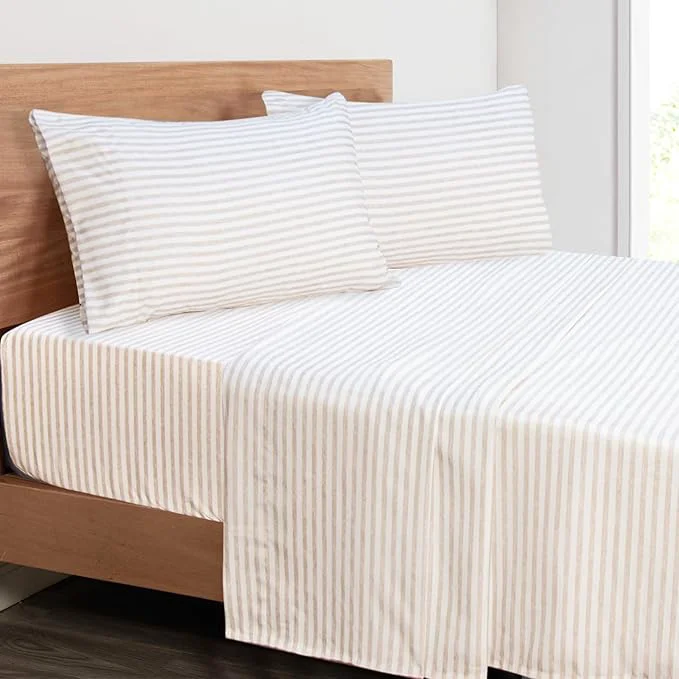 Mejoroom Striped Queen Size Sheet Set - Hotel Luxury 1800 Bedding Sheets amp Pillowcases - Deep Pocket Fitted Sheet Soft Breathable Wrinkle amp Fade Resistant - 4 Piece Beige Stripe Certified