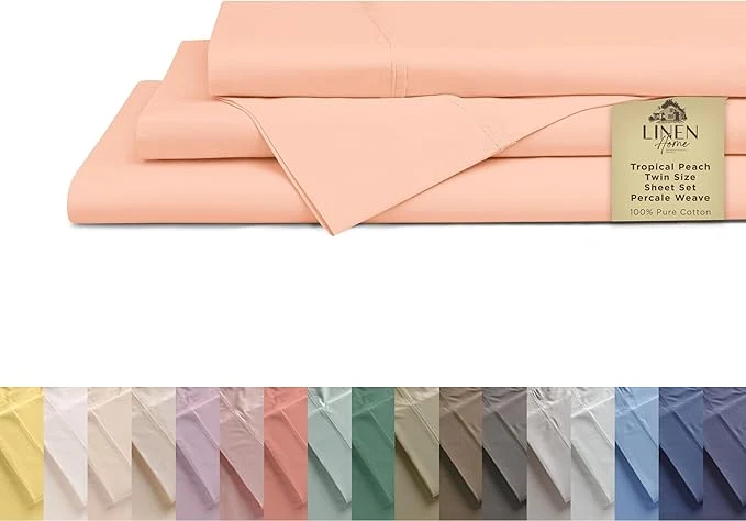 High-Grade Linen Home Cotton Percale Sheets Twin Size Tropical Peach Deep Pocket 3 Pieces Set - 1 Flat 1 Deep Pocket Fitted Sheet and 1 Pillowcase Crisp Cool and Strong Bed Linen High-Performance