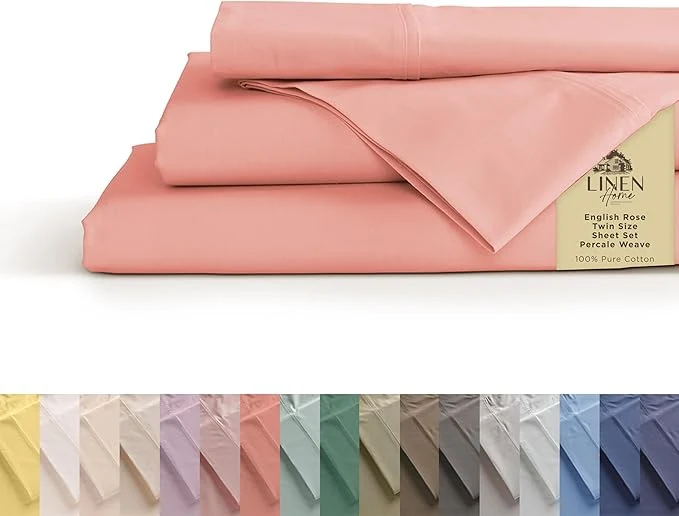 Eco-Friendly Linen Home Cotton Percale Sheets Twin Size English Rose Deep Pocket 3 Pieces Set - 1 Flat 1 Deep Pocket Fitted Sheet and 1 Pillowcase Crisp Cool and Strong Bed Linen Effective