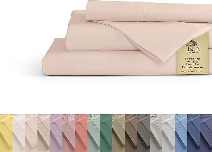 Reliable Linen Home Cotton Percale Sheets Full Size Sand Shell Deep Pocket 4 Pieces Set - 1 Flat 1 Deep Pocket Fitted Sheet and 2 Pillowcases Crisp Cool and Strong Bed Linen Fashionable