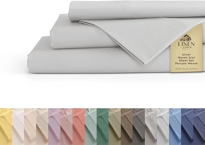 Detailed Linen Home Cotton Percale Sheets Queen Size Silver Deep Pocket 4 Pieces Set - 1 Flat 1 Deep Pocket Fitted Sheet and 2 Pillowcases Crisp Cool and Strong Bed Linen Casual
