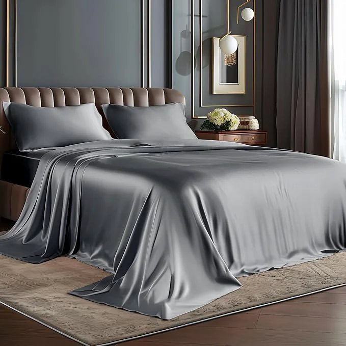 Environmentally Friendly BEDELITE Satin Sheets Queen Size Bed Set Luxury Soft Dark Grey Silky Sheets for Hair and Skin Similar to Silk Bed Sheets Set 4 Pieces with 1 Deep Pocket Fitted Sheet 1 Flat Sheet and 2 Pillowcases Certified