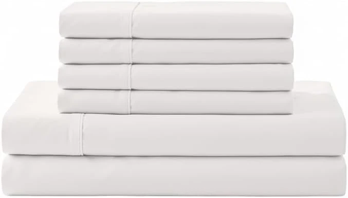 Optimized Linen Home Cotton Percale Sheet Set Full Size Snow White Deep Pocket 6 Pieces Set - 1 Flat 1 Deep Pocket Fitted Sheet and 4 Pillowcases Crisp Cool and Strong Bed Linen Unique
