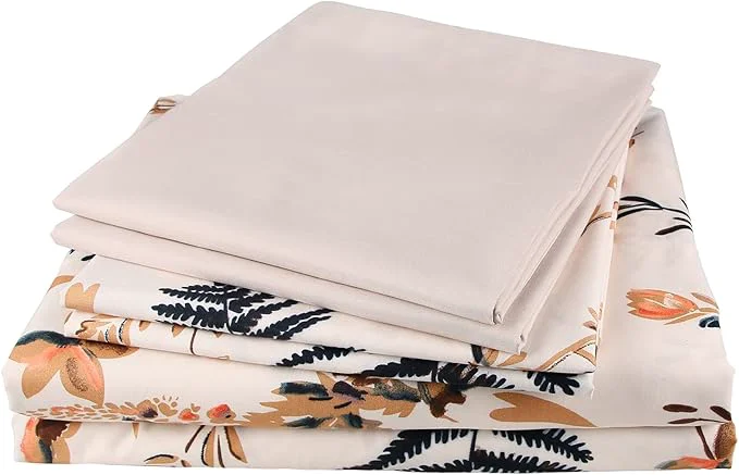 Relaxed JSD 6 Piece Blush Floral Printed Sheet Set King Size Soft Boho Botanical Microfiber Bed Sheets Extra Deep Pocket Original Design