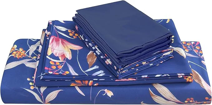 Pure JSD Navy Blue Floral Printed Sheet Set Queen 6 Piece Soft Microfiber Botanical Pattern Bed Sheets Extra Deep Pocket Next-Generation