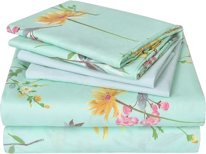 Eco-Friendly JSD Green Floral Sheet Set King Size 6 Piece Soft Boho Printed Microfiber Bed Sheets Extra Deep Pocket Oeko-TEX Next-Generation