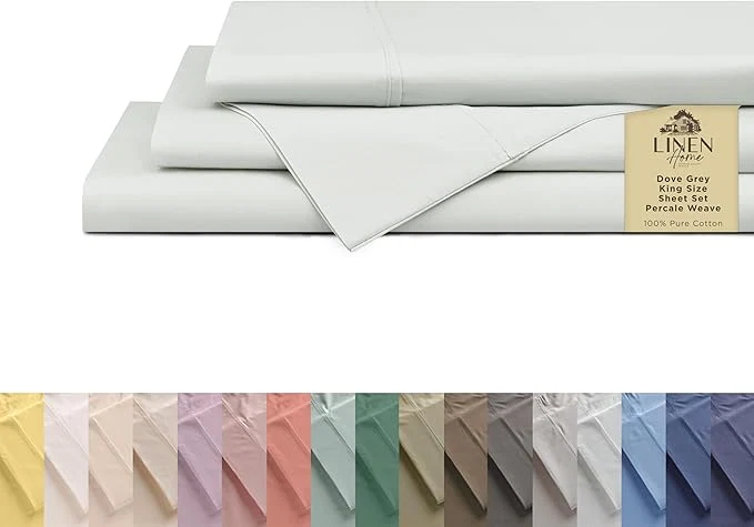 Relaxed Linen Home Cotton Percale Sheets King Size Dove Grey Deep Pocket 4 Pieces Set - 1 Flat 1 Deep Pocket Fitted Sheet and 2 Pillowcases Crisp Cool and Strong Bed Linen Natural