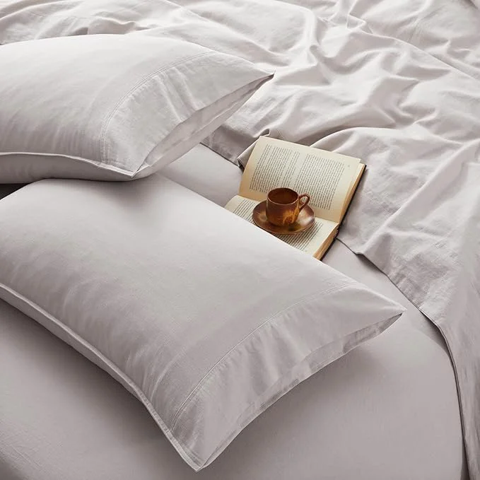 Sophisticated 4Pcs Organic Linen Sheets Queen Size French Linen from Normandy Breathable Natural Linen Queen Sheet Set with 16 Inch Deep Pocket 1 Flat Sheet 1 Fitted Sheet 2 Pillowcases