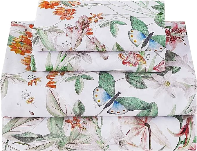 Exceptional Softan Green Floral Twin Sheet Set 3-Piece Cozy Microfiber Butterfly Printed Fitted Bed Sheet with 15 quot Deep Pockets amp Non-Slip Straps Kids Girls Cute Patterned Sheets amp Pillowcase Set Versatile