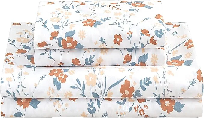 Enhanced Softan Floral Queen Sheet Set Orange Flower Printed Bed Sheets - 4 Piece Soft Microfiber Patterned Fitted Sheets with 15 quot Deep Pocket and Corner Straps Cute Spring Sheets amp Pillowcase Set Organic