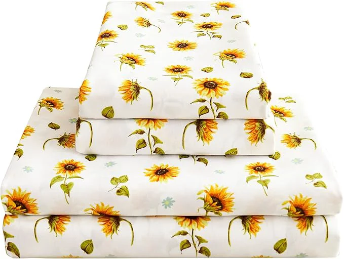 Casual Softan Floral Twin Size Sheet Set Sunflower Printed Bed Sheets for Kids Girls 3-Piece Microfiber Fitted Sheet with 15 quot Deep Pocket amp Non-Slip Straps Patterned Bedding Sheets amp Pillowcase Set Contemporary