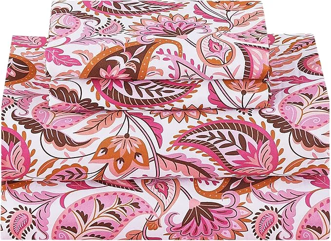Solid Softan Pink Paisley Floral Queen Sheet Set Cozy Boho Microfiber Printed Fitted Bed Sheet with 15 quot Deep Pockets amp Corner Non-Slip Straps Patterned Sheets amp Pillowcase Set Stylish