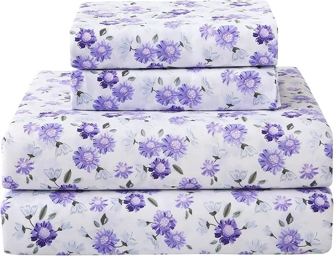 Outstanding Softan Puple Floral Full Sheet Set 4-Piece Microfiber Printed Fitted Sheet with 15 quot Deep Pockets amp Non-Slip Straps White Flower Patterned Double Bedding Sheets amp Pillowcase Set Traditional