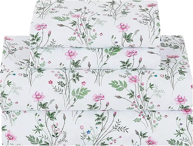 High-Grade Softan Vintage Floral Full Bed Sheets Cozy Microfiber Flower Printed Sheets with 15 quot Deep Pocket Fitted Sheet amp Non-Slip Straps Patterned Botanical Wildflower Sheets amp Pillowcase Set Premium Material