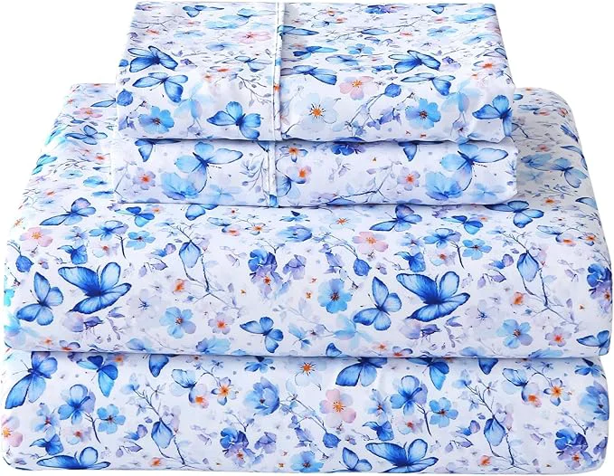 Sophisticated Softan Twin Floral Sheets Microfiber Blue Flower Printed Fitted Sheets with Non-Slip Corner Straps and 15 quot Deep Pocket Butterfly Patterned Cozy Bed Sheets Single Sheets amp Pillowcase Sets Reusable