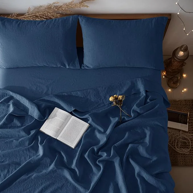 Carefully Designed LBRO2M Pure Linen Sheet Set Deep Pocket Up to 16 quot Bed Sheets Sets Natural Flax Beddings Soft Breathable Comfortable for All Seasons 4 Pcs Sheet Set Queen Size Navy Blue Responsible