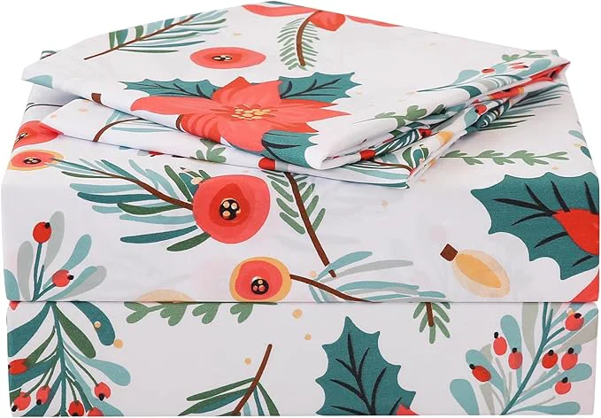 Green JSD Floral Printed Sheet Set Full Size 4 Piece Poinsettia Pattern Microfiber Bed Sheets Extra Deep Pocket Oeko-tex Original Design