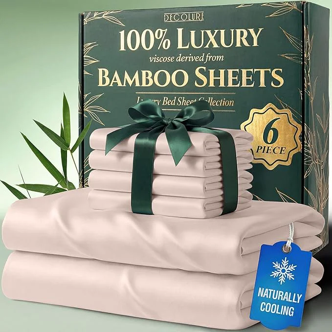 Fine DECOLURE Viscose Derived from Bamboo Sheets California King Size - Luxury 6 Pc Naturally Cooling Sheets Ultra Soft Bed Set - Deep 17 quot Pockets Double Stitching Oeko Tex Standard Light Pink Efficient