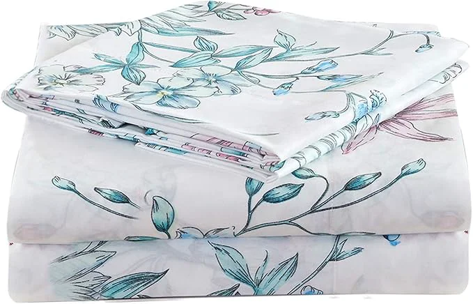 Quality JSD White Blue Floral Printed Sheet Set King Size 4 Piece Botanical Microfiber Sheets Extra Deep Pocket Eco-Friendly