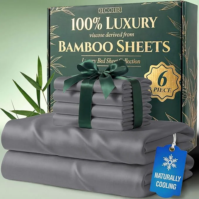Safe DECOLURE Viscose Derived from Bamboo Sheets King Size - Luxury 6 Pc Naturally Cooling Sheets Ultra Soft Bed Set - Deep 17 quot Pockets Durable Double Stitching Oeko Tex Standard Midgrey Lightweight