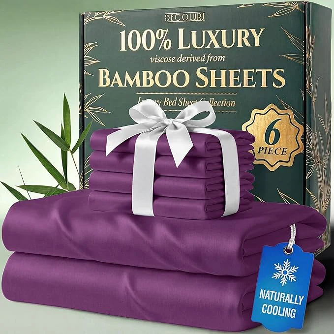 Outstanding DECOLURE Viscose Derived from Bamboo Sheets Queen Size - Luxury 6 Pc Naturally Cooling Sheets Ultra Soft Bed Set - Deep 17 quot Pockets Durable Double Stitching Oeko Tex Standard Purple Relaxed