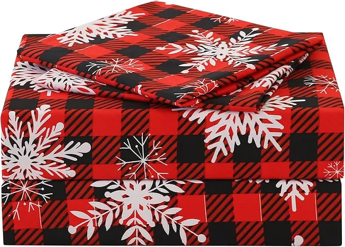 Comfortable JSD Red Buffalo Plaid Snowflakes Sheet Set King Size 4 Piece Christmas Winter Microfiber Bedding Sheets Extra Deep Pocket Consistent