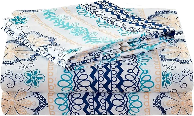 Specialty JSD Blue Boho Printed Sheet Set Cal King 4 Piece Soft Floral Microfiber Sheets Extra Deep Pocket Wrinkle Exceptional