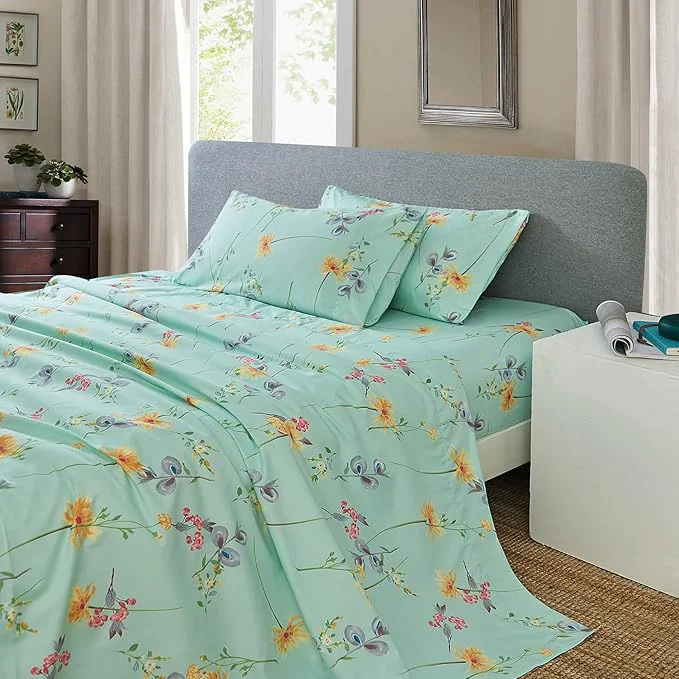 Solid JSD Green Floral Printed Sheet Set King Size 4 Piece Soft Botanical Microfiber Sheets Extra Deep Pocket Convenient