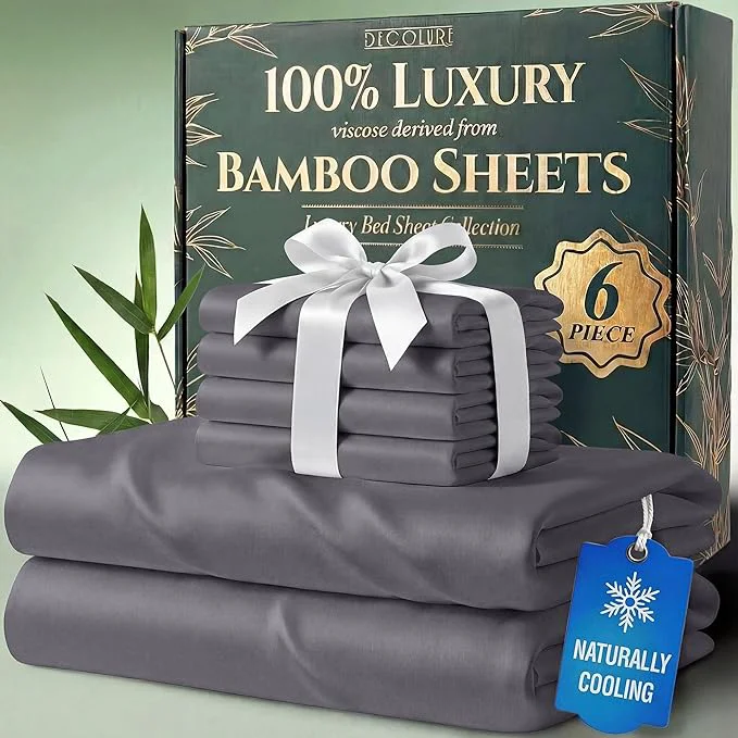 Fashionable DECOLURE Viscose Derived from Bamboo Sheets Queen Size - Luxury 6 Pc Naturally Cooling Sheets Ultra Soft Bed Set - Deep 17 quot Pockets Durable Double Stitching Oeko Tex Standard Grey Modern