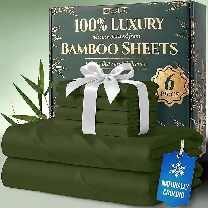 Artisan DECOLURE Viscose Derived from Bamboo Sheets Queen Size - Luxury 6 Pc Naturally Cooling Sheets Ultra Soft Bed Set - Deep 17 quot Pockets Durable Double Stitching Oeko Tex Standard Olive Easy-to-Use