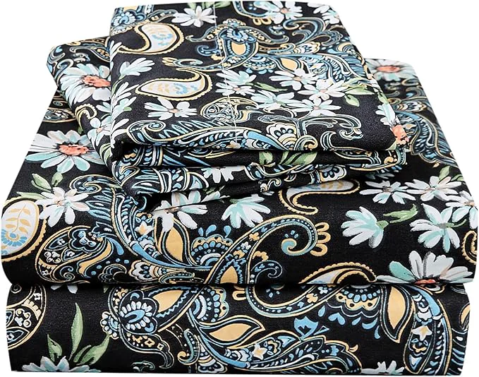 Trusted JSD Black Paisley Floral Printed Sheet Set Queen Size 4 Piece Soft Pattern Microfiber Sheets Extra Deep Pocket Classic