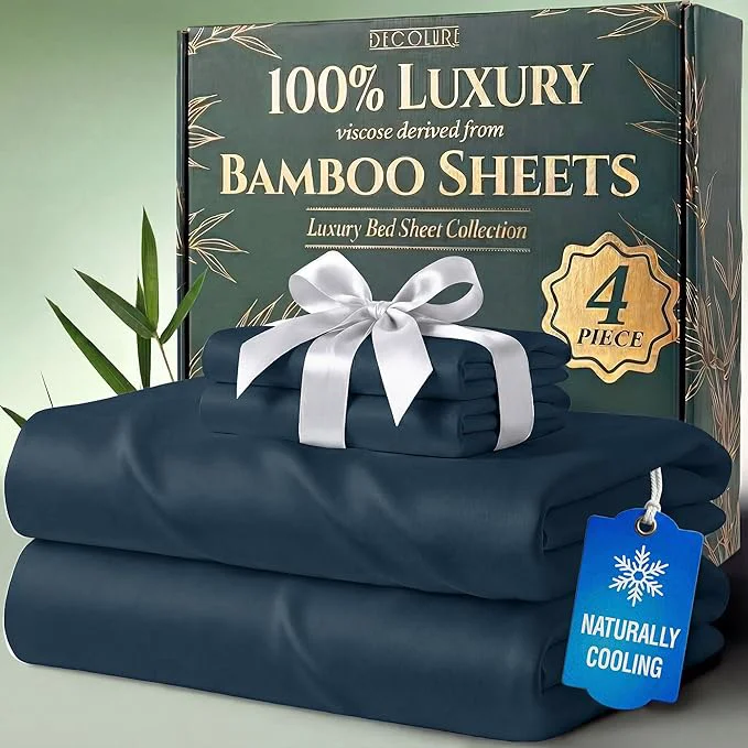 Carefully Designed DECOLURE Viscose Derived from Bamboo Sheets Twin Size - Luxury 4 Pc Naturally Cooling Sheets Ultra Soft Bed Set - Deep 17 quot Pockets Durable Double Stitching Oeko Tex Standard Navy Blue Genuine