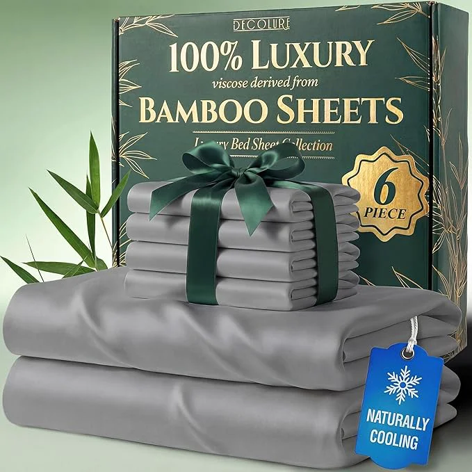 Contemporary DECOLURE Viscose Derived from Bamboo Sheets King Size - Luxury 6 Pc Naturally Cooling Sheets Ultra Soft Bed Set - Deep 17 quot Pockets Durable Double Stitching Oeko Tex Standard Light Grey Fast
