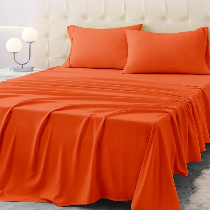 High-Grade King Size Terracotta Bed Sheet Set - 4 Piece Soft Microfiber Sheets with Deep Pockets Cooling Technology and Wrinkle- Pillowcase. Hotel-Quality Durable Bedding Bright Orange Detailed