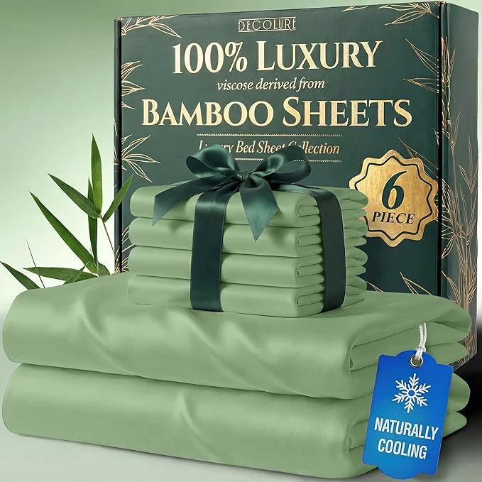 Dependable DECOLURE Viscose Derived from Bamboo Sheets California King Size - Luxury 6 Pc Naturally Cooling Sheets Ultra Soft Bed Set - Deep 17 quot Pockets Double Stitching Oeko Tex Standard Sage Green Reusable