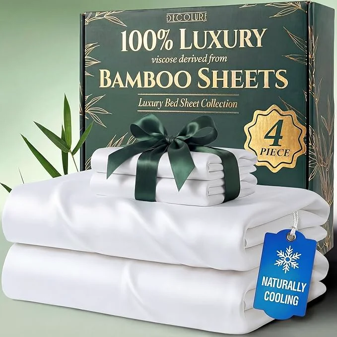 Stylish DECOLURE Viscose Derived from Bamboo Sheets Twin Size - Luxury 4 Pc Naturally Cooling Sheets Ultra Soft Bed Set - Deep 17 quot Pockets Durable Double Stitching Oeko Tex Standard White Contemporary