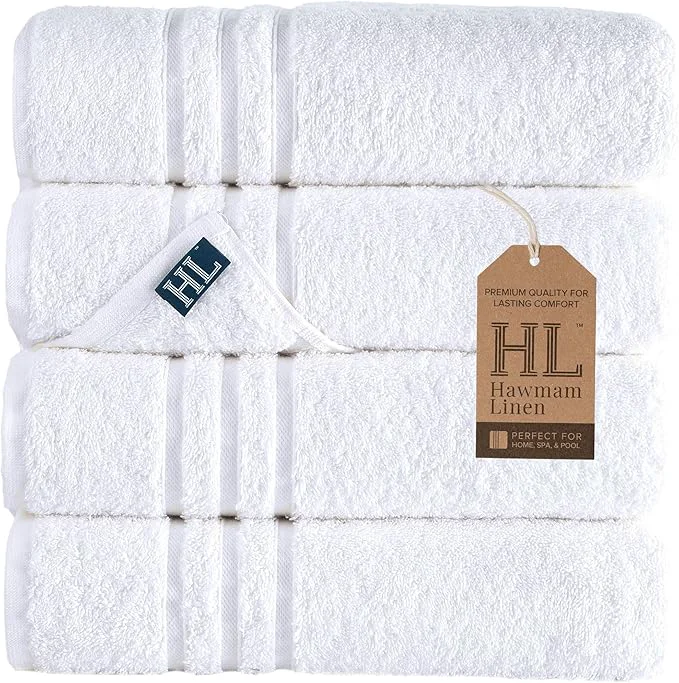 High-End Hawmam Linen White Bath Towels 4 Pack 27 x 54 Inches Turkish Cotton Soft Responsible