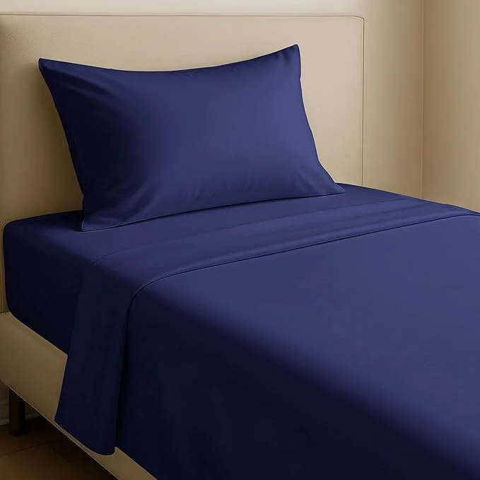 Safe California Design Den XL Twin Sheets Set - Natural Cotton Sheets with 12 quot Pockets Soft Sateen Weave Breathable and Durable Bedding Set for Dorm Rooms College Navy Blue Sustainable