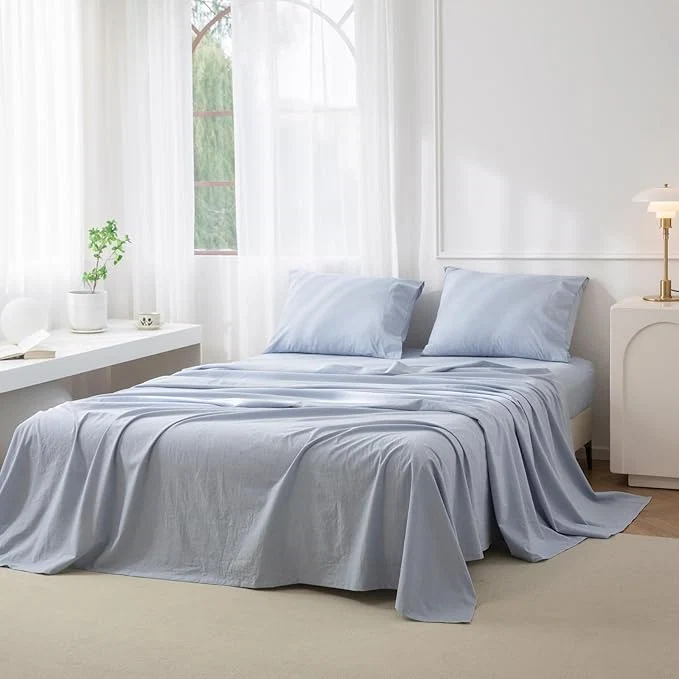 Top-Quality JIYUAN King Size Sheet Set 4-Piece - Washed Cotton Linen-Like Soft amp Breathable Includes Deep Pocket Fitted amp Flat Sheet with 2 Pillowcases Hotel Quality Heathered Light Blue User-Friendly