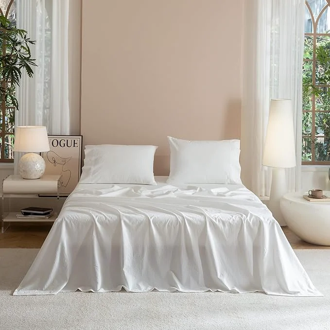 Consistent JIYUAN California King Size Sheet Set 4-Piece - Washed Cotton Linen-Like Soft amp Breathable Includes Deep Pocket Fitted amp Flat Sheet with 2 Pillowcases Hotel Quality Solid Bright White Casual