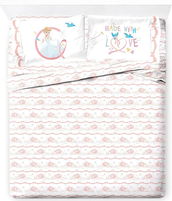 Environmentally Friendly Jay Franco Kids Sheet Set with Fitted Flat Sheets amp Pillow Cover - Ultra-Soft Bedding with Pillowcase for Room Decor White - Princess Cinderella 4 Piece Full Exclusive