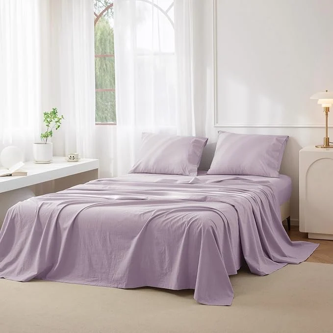 World-Class JIYUAN California King Size Sheet Set 4-Piece - Washed Cotton Linen-Like Soft amp Breathable Includes Deep Pocket Fitted amp Flat Sheet with 2 Pillowcases Hotel Quality Heathered Light Purple Traditional