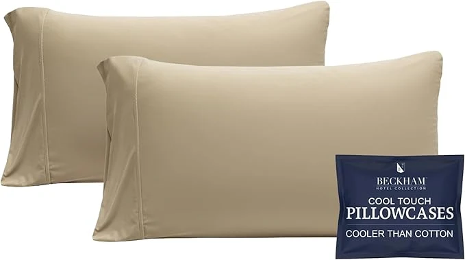 Refined Beckham Hotel Collection Cooling Pillowcases for Hot Sleepers Standard Queen Size Set of 2 Cool Bedding Envelope Closure Silky Soft Breathable Moisture-Wicking Sand Trendy