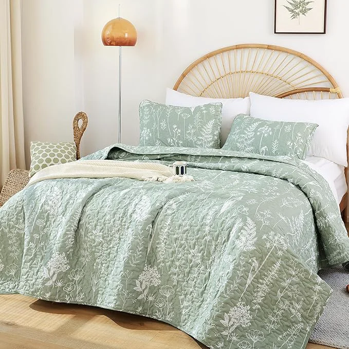 Comfortable JANZAA Quilt King Size Sage Green Quilt Bed Spread Boho Quilt Soft